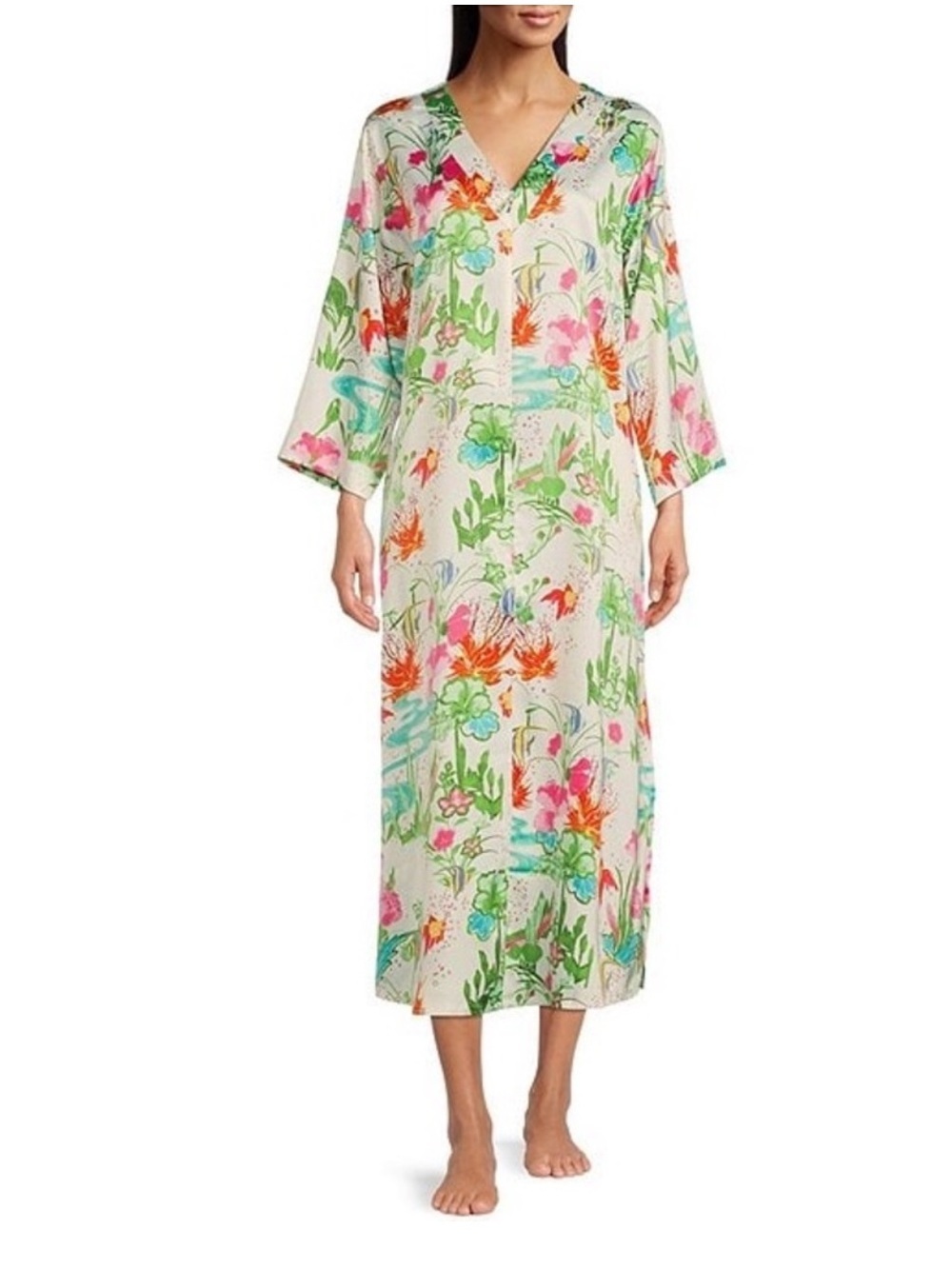Natori Lotus Pond Zip Front Satin Caftan Size L Resortwear Whimsical Boho Chic